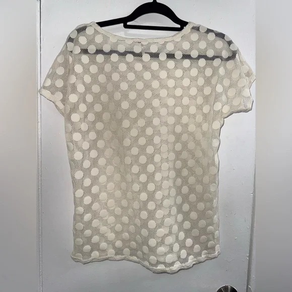 Poof Women Polka Dot Sheer Top Blouse in Ivory Beige Short Sleeve Shirt Raglan M - Picture 2 of 5